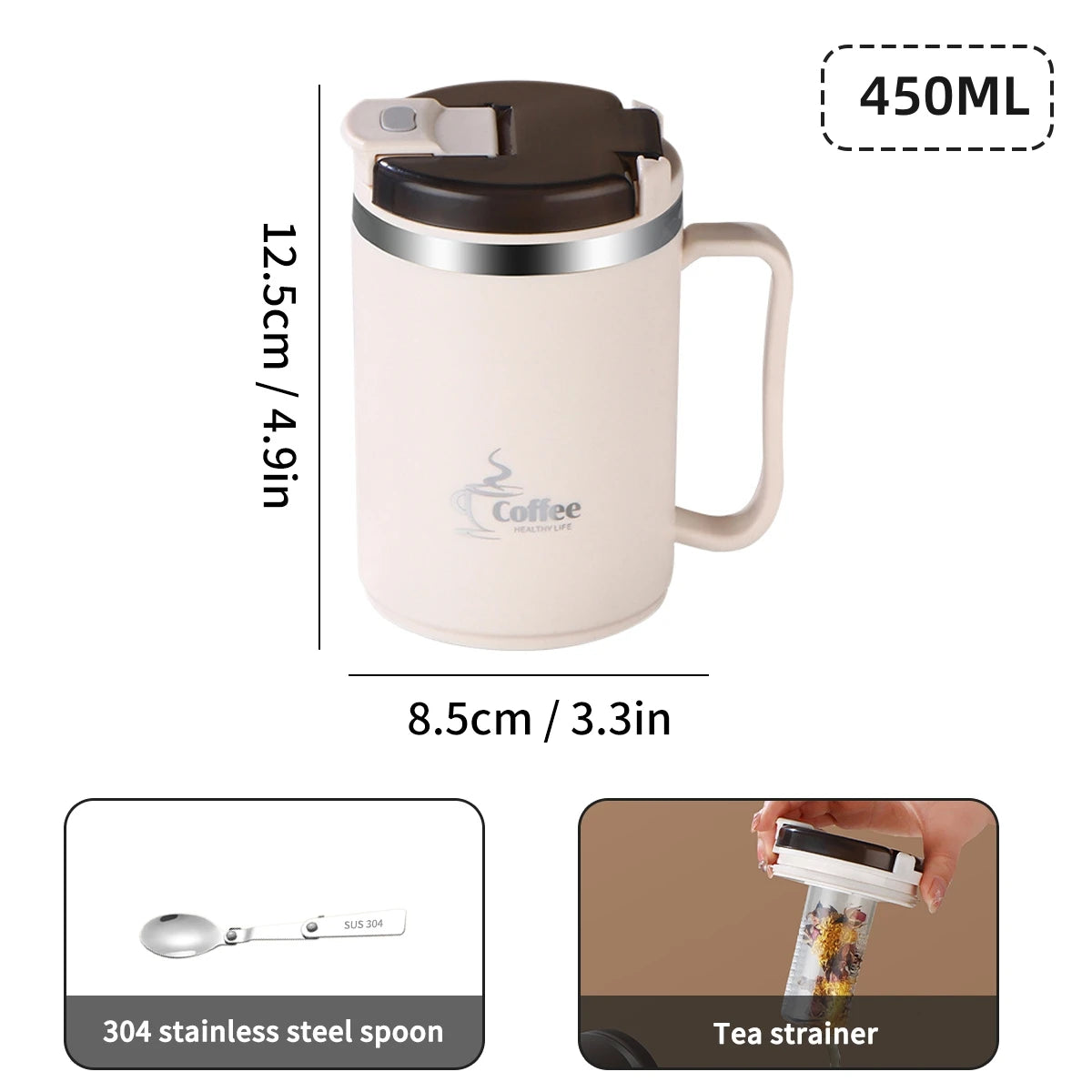 WORTHBUY Double-Wall Coffee Mug 304 Stainless Steel Water Mug Cup With Spoon&Tea Strainer Leak Proof Anti Scalding Drinking Cup
