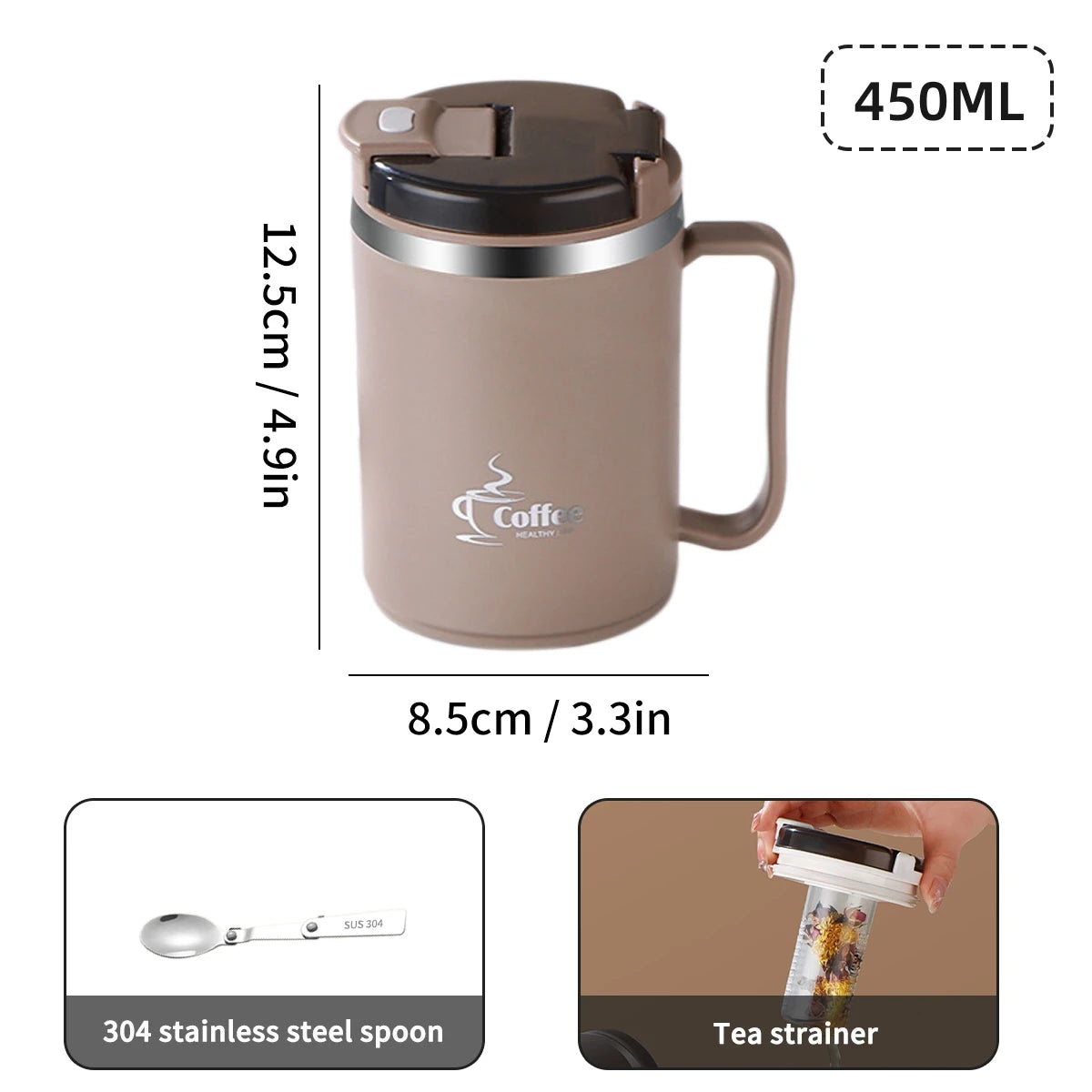 WORTHBUY Double-Wall Coffee Mug 304 Stainless Steel Water Mug Cup With Spoon&Tea Strainer Leak Proof Anti Scalding Drinking Cup