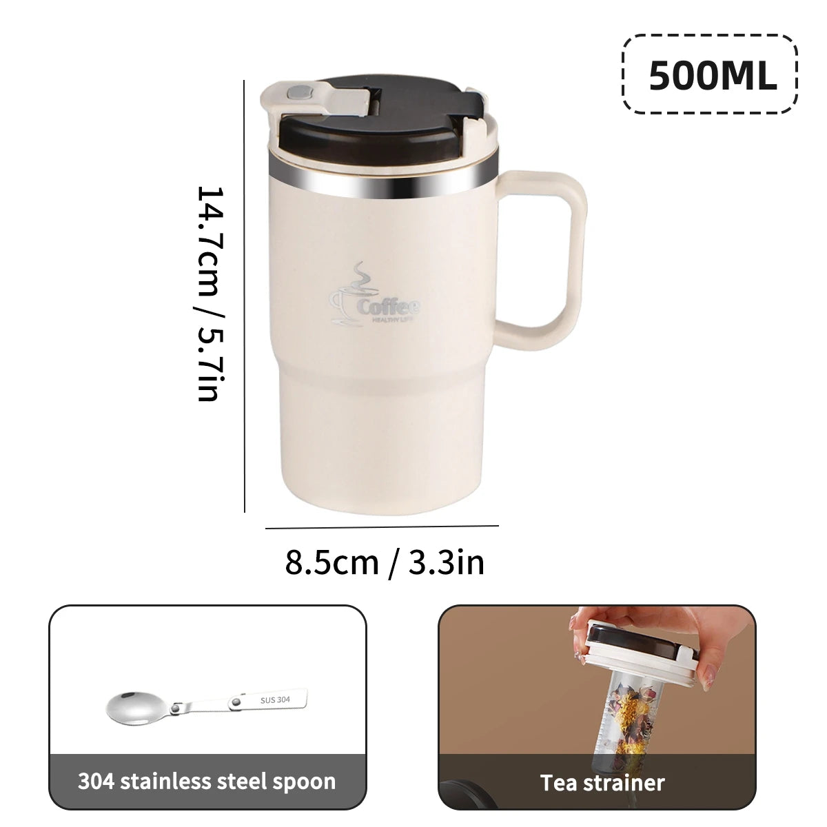 WORTHBUY Double-Wall Coffee Mug 304 Stainless Steel Water Mug Cup With Spoon&Tea Strainer Leak Proof Anti Scalding Drinking Cup