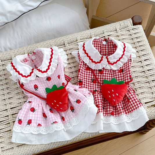 Strawberry Dress For Dogs Summer Spring Cute Plaid Female Girl Puppy Pet Cat Apparel Clothes Yorkie Chihuahua Small Medium Pugs