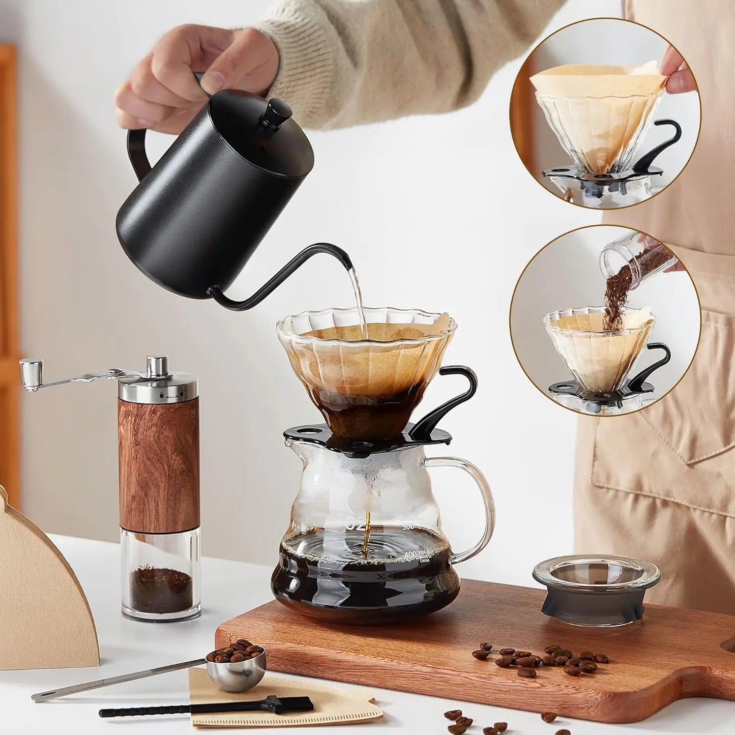 Pour Over Coffee Maker Set – 6-Piece Set with Coffee Maker, Hand Coffee Grinder, Hand Drip Kettle, V60 Filters (40 Sheets), and