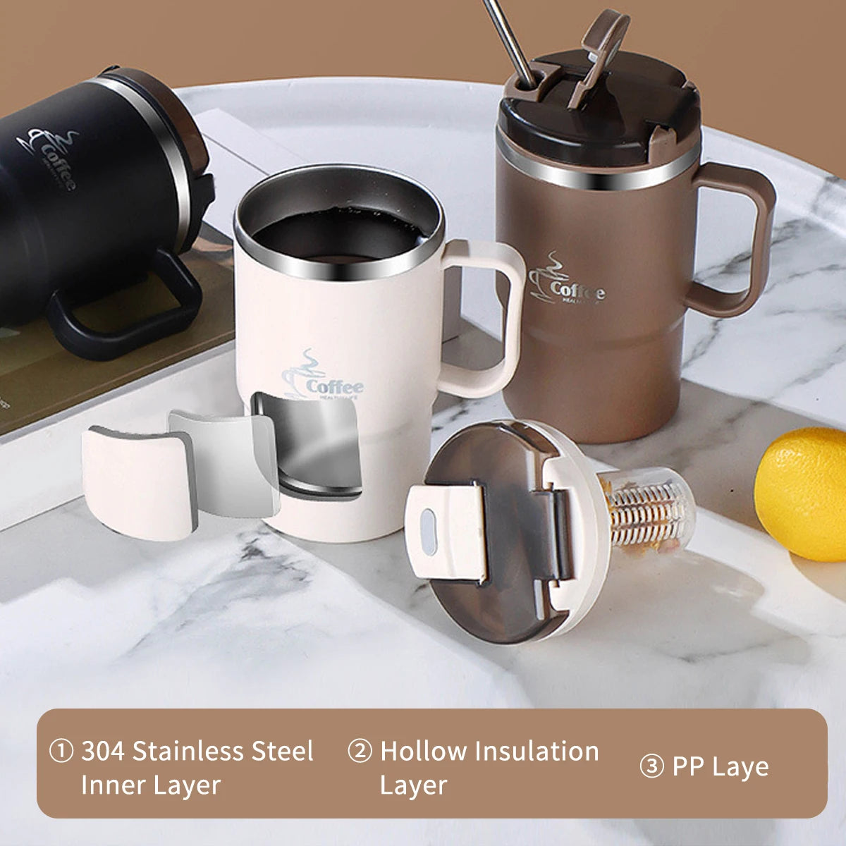 WORTHBUY Double-Wall Coffee Mug 304 Stainless Steel Water Mug Cup With Spoon&Tea Strainer Leak Proof Anti Scalding Drinking Cup