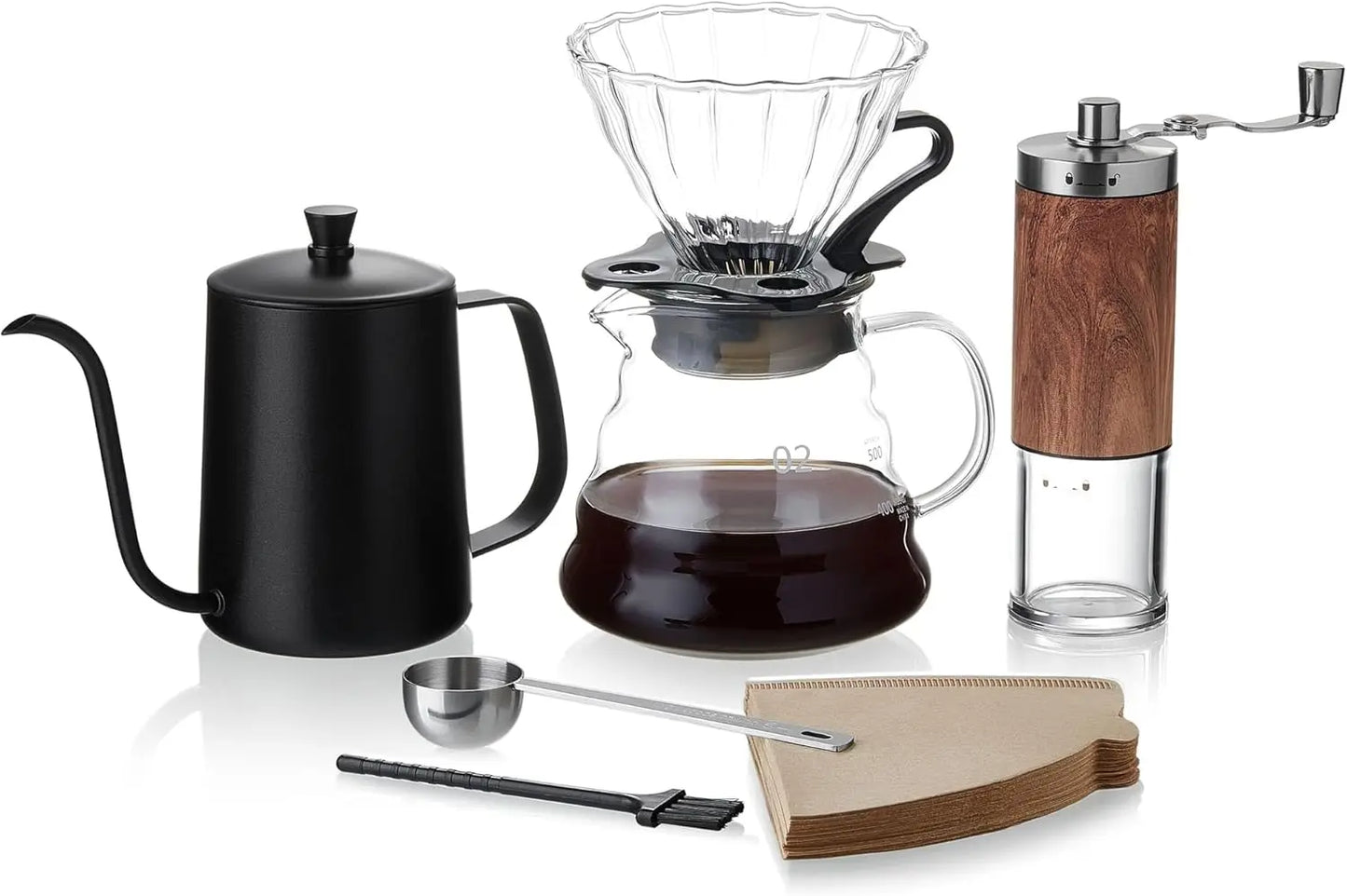 Pour Over Coffee Maker Set – 6-Piece Set with Coffee Maker, Hand Coffee Grinder, Hand Drip Kettle, V60 Filters (40 Sheets), and