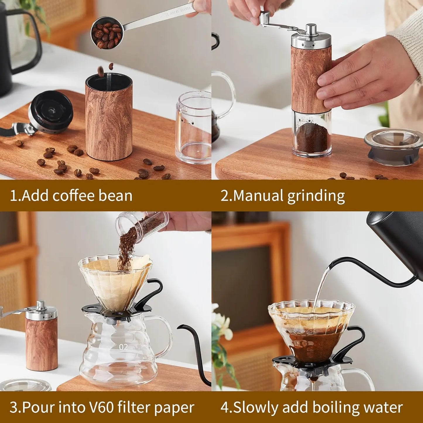 Pour Over Coffee Maker Set – 6-Piece Set with Coffee Maker, Hand Coffee Grinder, Hand Drip Kettle, V60 Filters (40 Sheets), and