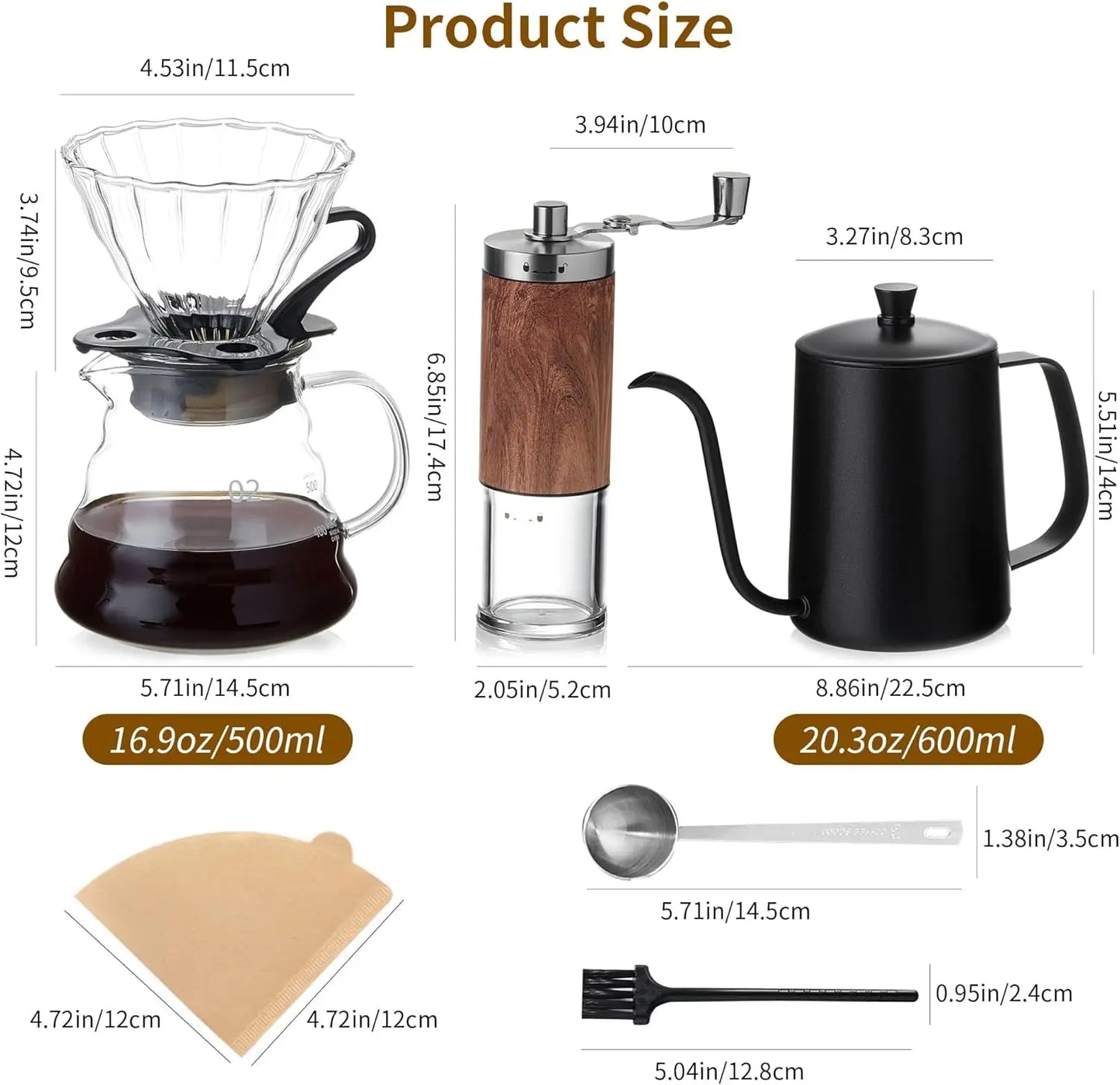 Pour Over Coffee Maker Set – 6-Piece Set with Coffee Maker, Hand Coffee Grinder, Hand Drip Kettle, V60 Filters (40 Sheets), and