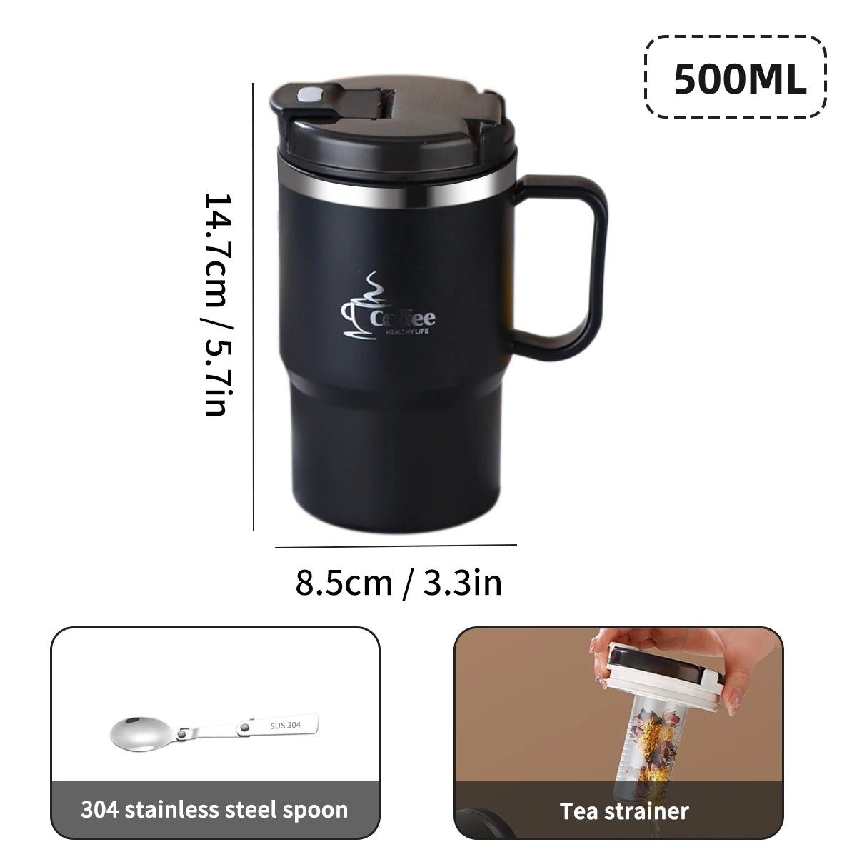 WORTHBUY Double-Wall Coffee Mug 304 Stainless Steel Water Mug Cup With Spoon&Tea Strainer Leak Proof Anti Scalding Drinking Cup